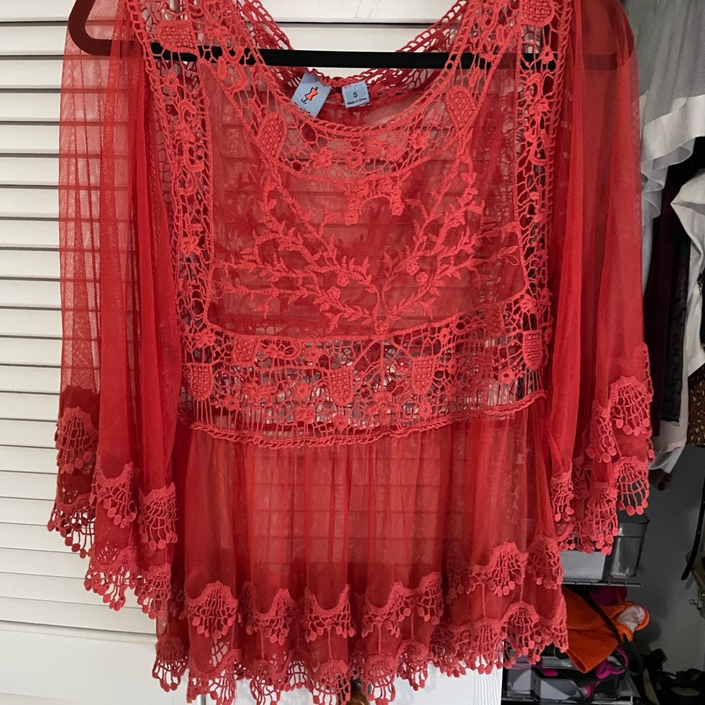 Deep Orange Pink Melo sheer Crochet/Lace Boho Top w/ Embroidery Detail Sz. Small